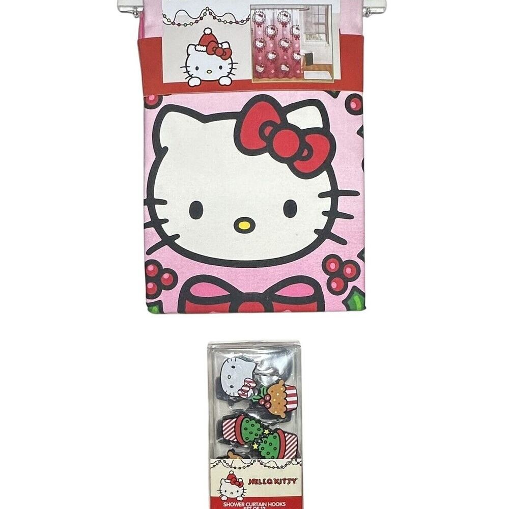 New Hello Kitty Holly Berry Christmas Wreath Shower Curtain 70X72, Curtain Hooks